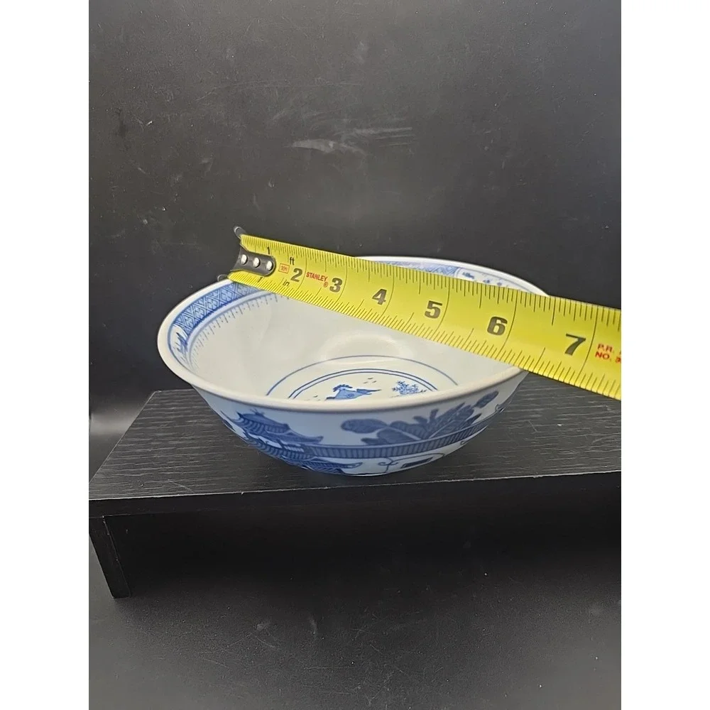 Chinese Fine Blue And White China Bowl W/ Chinese Payados, Mountains, Trees 6.5